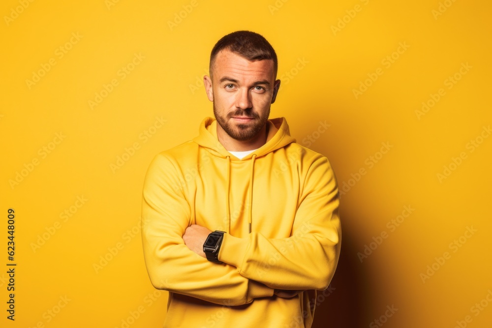 Fototapeta premium Lifestyle portrait photography of a glad boy in his 30s wearing a comfortable tracksuit against a yellow background. With generative AI technology