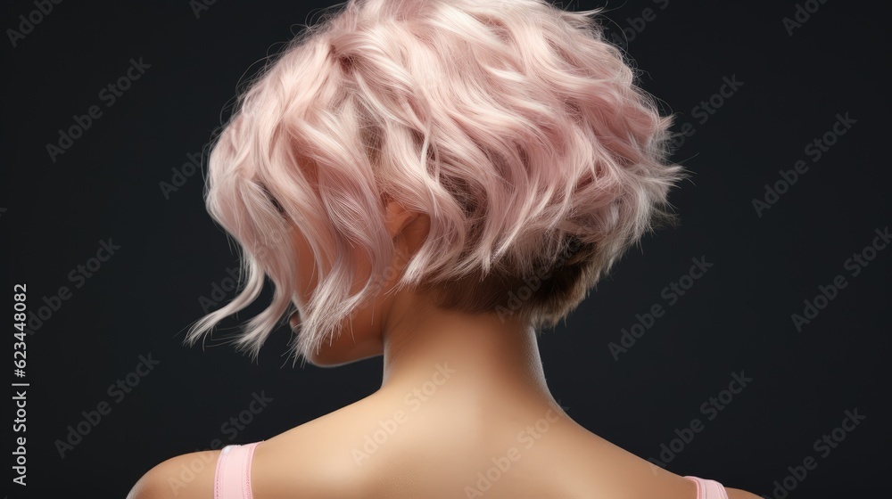 trendy women's hair styling blonde large curls. girl in profile with professional hair styling, back view. Pink shades trendy women's hair styling blonde large curls. girl in profile with professional hair styling, back view. Pink shades