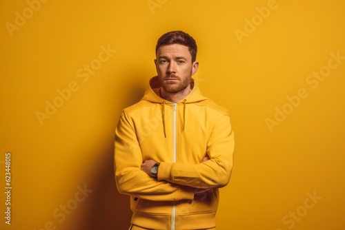 Lifestyle portrait photography of a glad boy in his 30s wearing a comfortable tracksuit against a yellow background. With generative AI technology