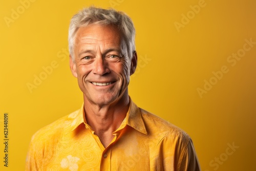 Environmental portrait photography of a beautiful mature man wearing a classy button-up shirt against a yellow background. With generative AI technology © Markus Schröder
