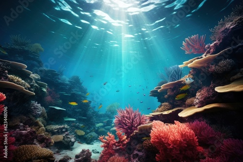 Seabed scene with fish corals, marine life concept. Generative AI