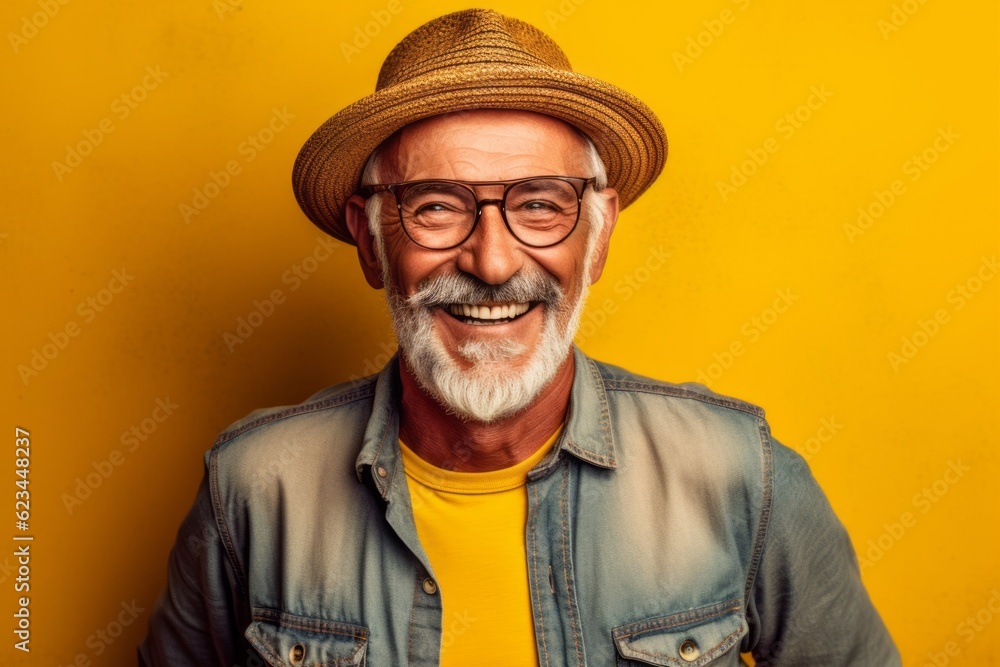 Lifestyle portrait photography of a satisfied old man wearing a cool cap or hat against a yellow background. With generative AI technology Lifestyle portrait photography of a satisfied old man wearing a cool cap or hat against a yellow background. With generative AI technology