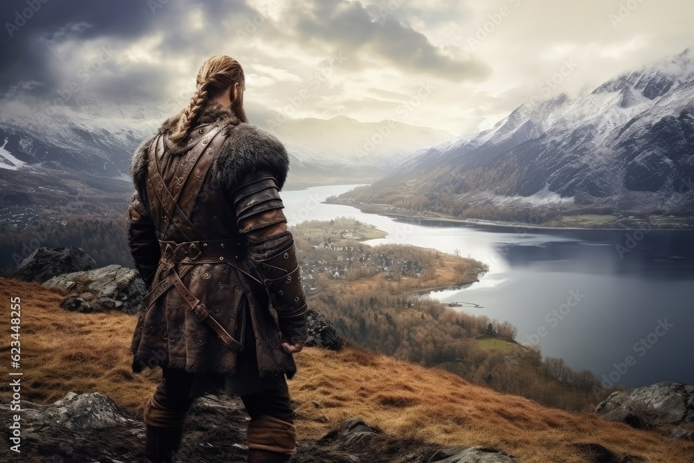 Viking warrior from the back with detailed armor, Nordic landscape in the background. Generative AI