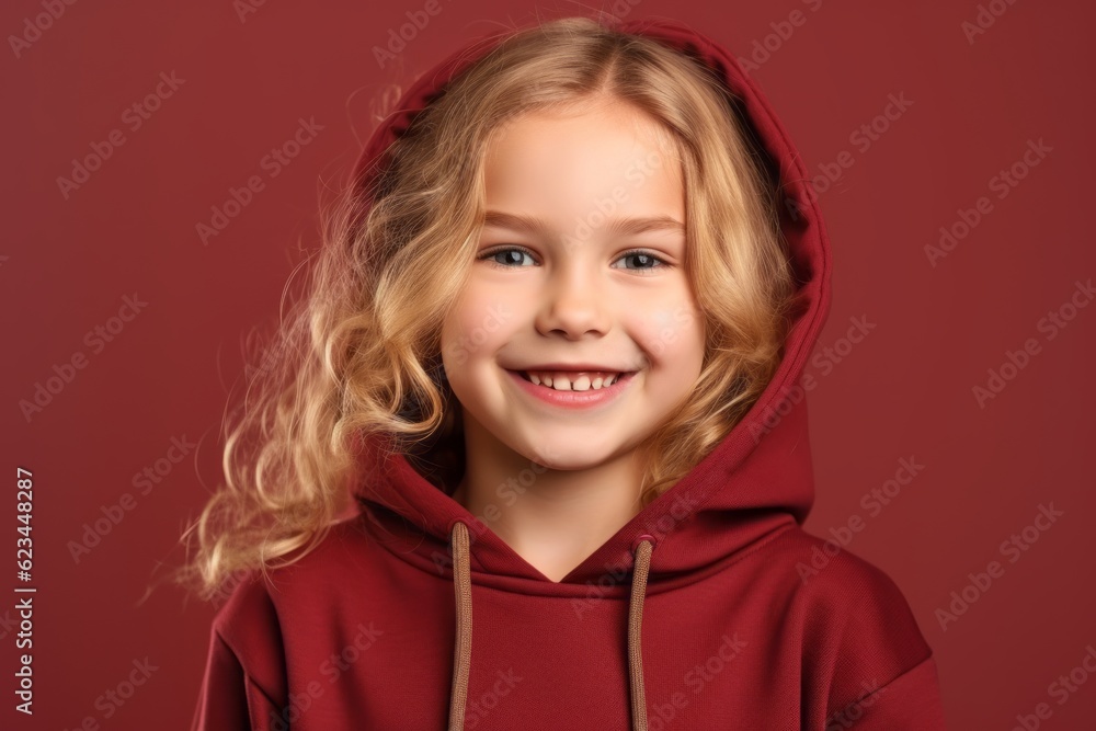 Close-up portrait photography of a glad kid female wearing a stylish hoodie against a burgundy red background. With generative AI technology Close-up portrait photography of a glad kid female wearing a stylish hoodie against a burgundy red background. With generative AI technology