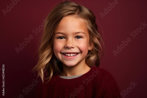 Close-up portrait photography of a grinning kid female wearing a chic cardigan against a burgundy red background. With generative AI technology