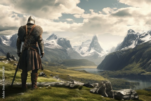 Viking warrior from the back with detailed armor, Nordic landscape in the background. Generative AI