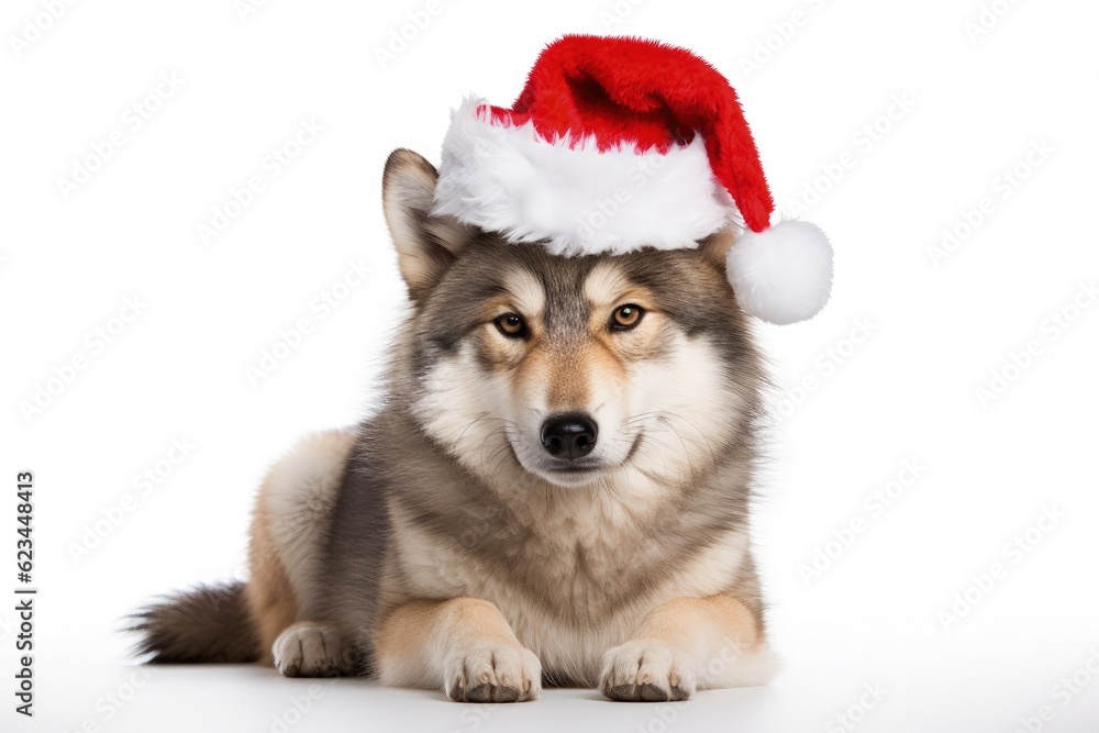 Wolf in Santa Claus hat, Christmas concept, white background. Generative AI Wolf in Santa Claus hat, Christmas concept, white background. Generative AI
