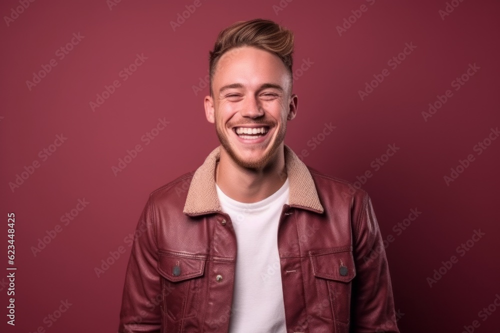 Medium shot portrait photography of a happy boy in his 30s wearing a denim jacket against a burgundy red background. With generative AI technology Medium shot portrait photography of a happy boy in his 30s wearing a denim jacket against a burgundy red background. With generative AI technology