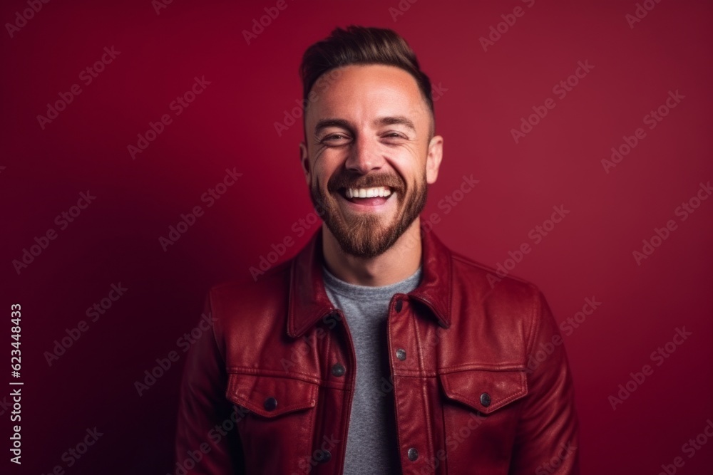 Medium shot portrait photography of a happy boy in his 30s wearing a denim jacket against a burgundy red background. With generative AI technology Medium shot portrait photography of a happy boy in his 30s wearing a denim jacket against a burgundy red background. With generative AI technology