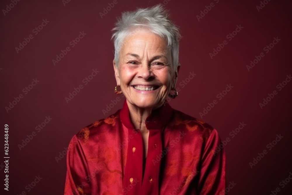 Medium shot portrait photography of a grinning old woman wearing a trendy jumpsuit against a burgundy red background. With generative AI technology Medium shot portrait photography of a grinning old woman wearing a trendy jumpsuit against a burgundy red background. With generative AI technology