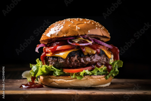 Generated photo-realistic image of an appetizing large cheeseburger with dripping sauce