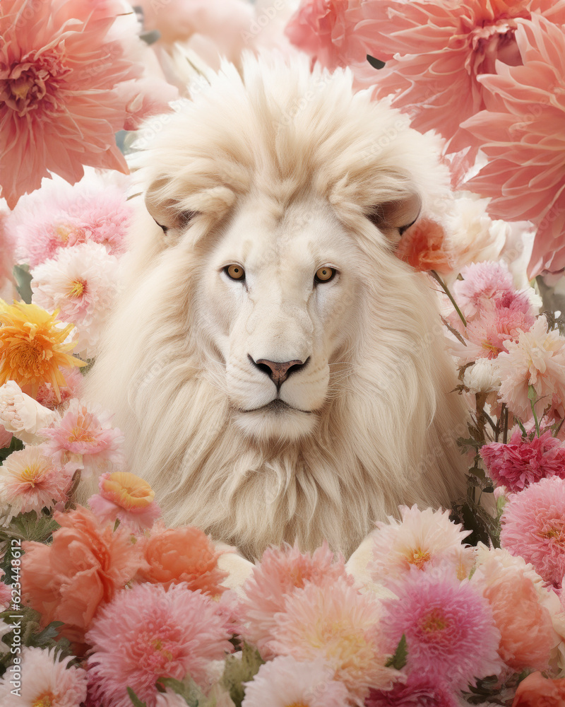 Generated photorealistic image of a white albino lion among summer flowers