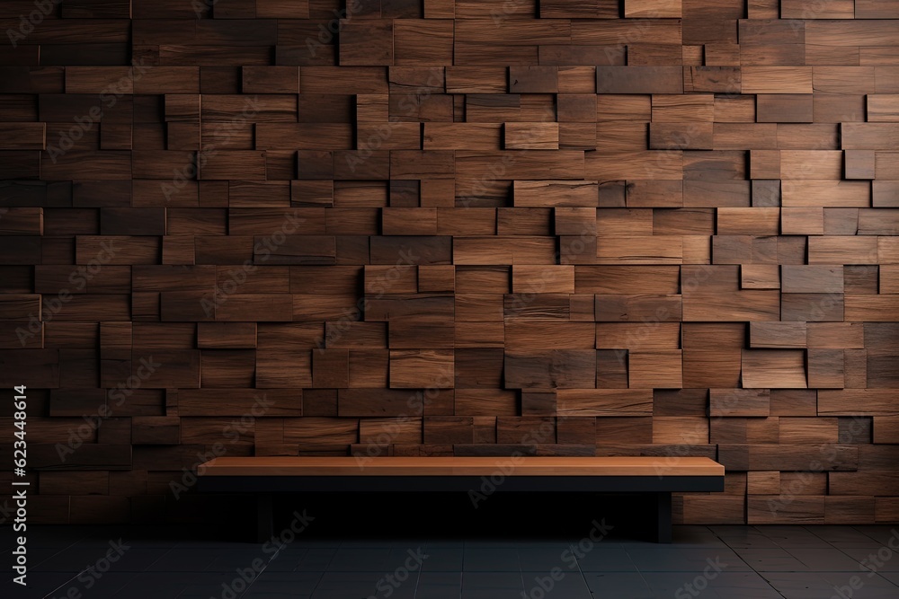 Fototapeta premium Bench and wall with wooden details, architecture concept. Generative AI