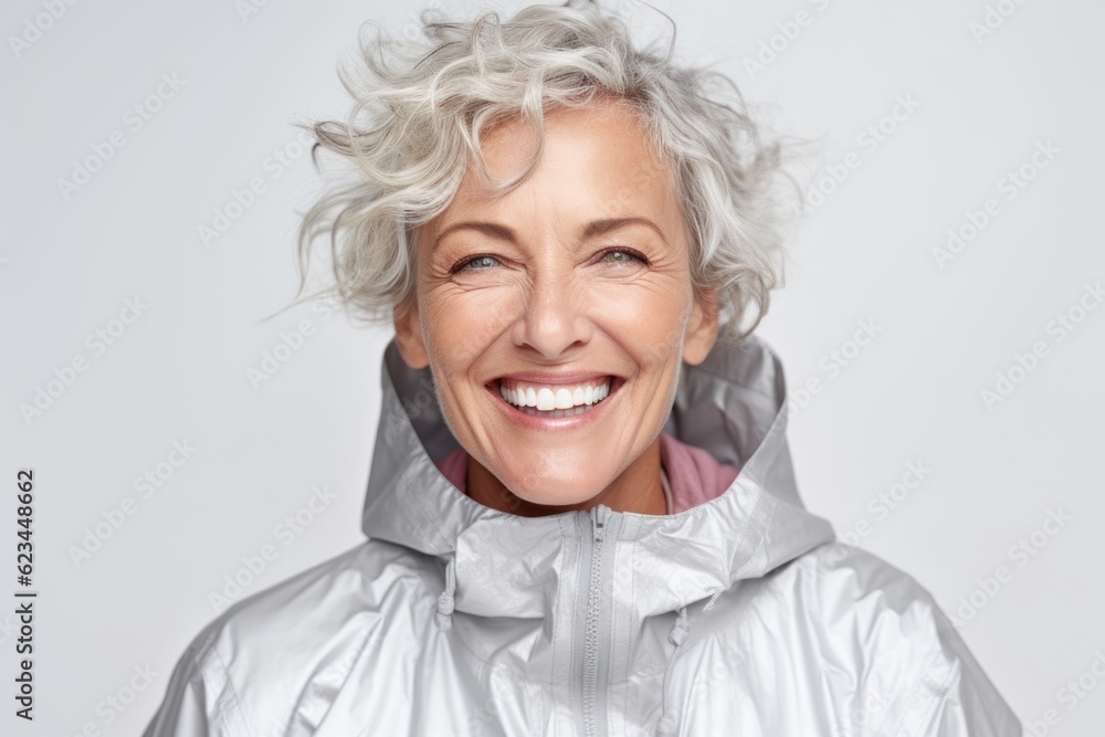 Close-up portrait photography of a happy mature woman wearing a lightweight windbreaker against a pearl white background. With generative AI technology Close-up portrait photography of a happy mature woman wearing a lightweight windbreaker against a pearl white background. With generative AI technology