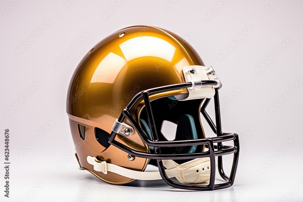 Fototapeta premium Golden trophy with American football helmet, white background. Generative AI