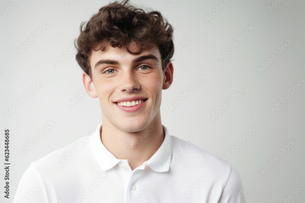 Lifestyle portrait photography of a glad boy in his 20s wearing a sporty polo shirt against a pearl white background. With generative AI technology Lifestyle portrait photography of a glad boy in his 20s wearing a sporty polo shirt against a pearl white background. With generative AI technology