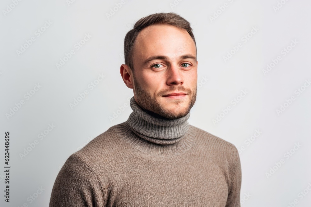 Environmental portrait photography of a glad boy in his 30s wearing a classic turtleneck sweater against a pearl white background. With generative AI technology Environmental portrait photography of a glad boy in his 30s wearing a classic turtleneck sweater against a pearl white background. With generative AI technology
