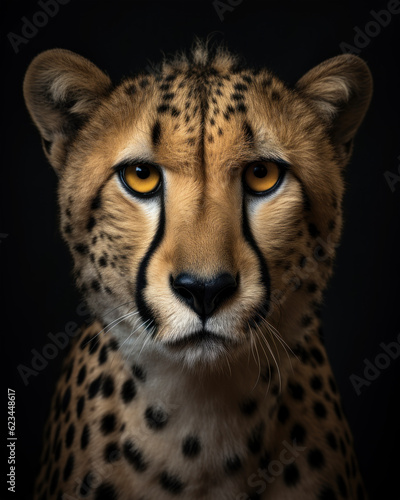 Generated photorealistic portrait of a wild cheetah with yellow eyes on a black background 
