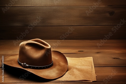 Cowboy hat and old paper, wooden background. Generative AI