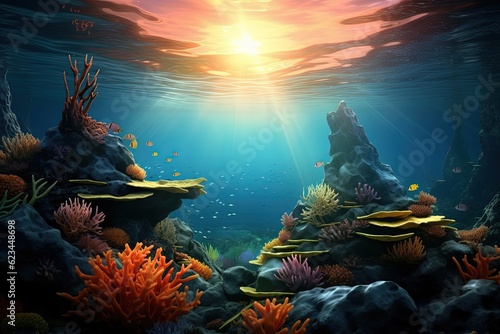 Seabed scene with fish corals, marine life concept. Generative AI © Deivison