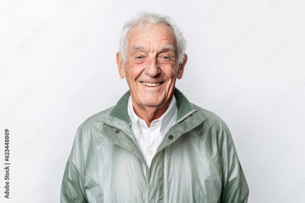 Medium shot portrait photography of a happy old man wearing a lightweight windbreaker against a pearl white background. With generative AI technology Medium shot portrait photography of a happy old man wearing a lightweight windbreaker against a pearl white background. With generative AI technology