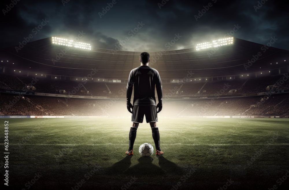 Fototapeta premium Football player on the lawn, stadium in the background. Generative AI
