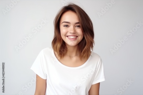 Medium shot portrait photography of a glad girl in her 20s wearing a casual t-shirt against a pearl white background. With generative AI technology