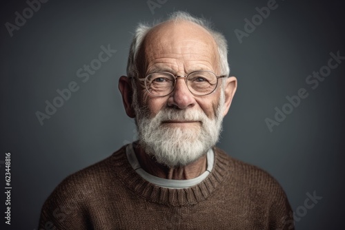 Environmental portrait photography of a glad old man wearing a cozy sweater against a pearl white background. With generative AI technology