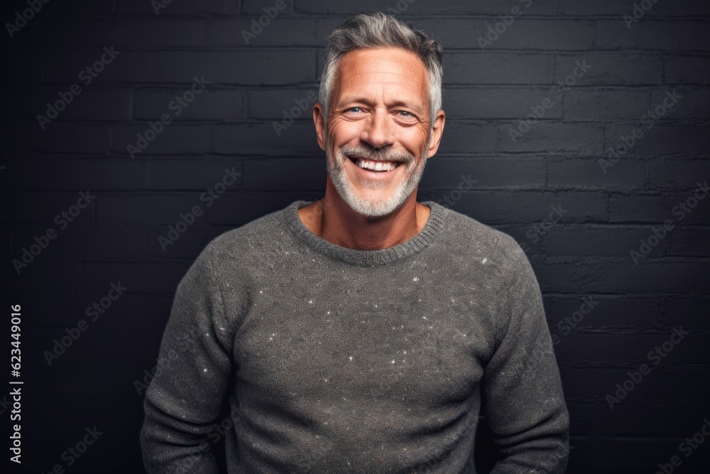 Medium shot portrait photography of a joyful mature man wearing a cozy sweater against a metallic silver background. With generative AI technology Medium shot portrait photography of a joyful mature man wearing a cozy sweater against a metallic silver background. With generative AI technology