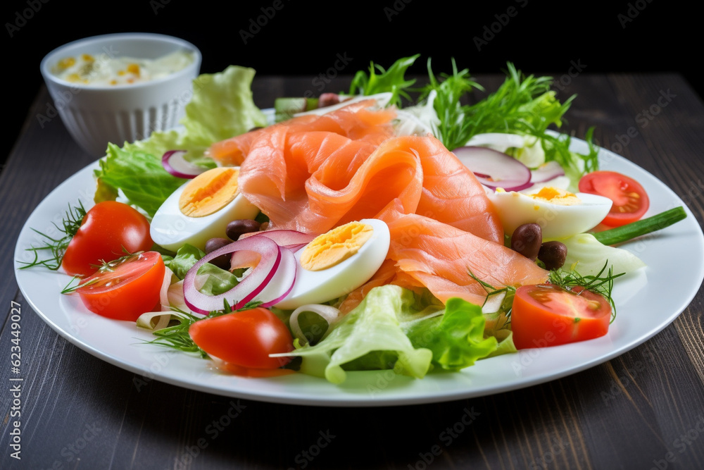 A plate of salad with smoked salmon generative AI