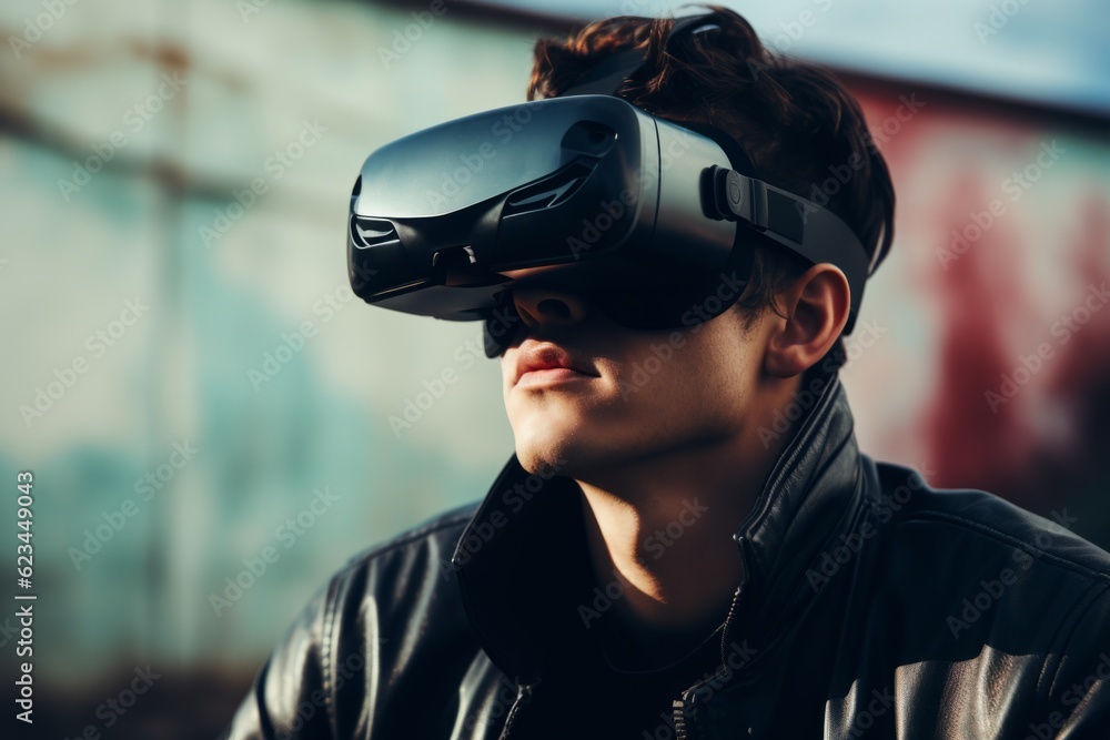 Man guy student user computer technology addict male wearing VR headset virtual reality goggles exploration metaverse modern advanced tech future progress playing cyber game experience gaming outdoors Man guy student user computer technology addict male wearing VR headset virtual reality goggles exploration metaverse modern advanced tech future progress playing cyber game experience gaming outdoors
