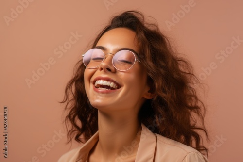 Wallpaper Mural Medium shot portrait photography of a grinning girl in her 30s wearing a trendy sunglasses against a beige background. With generative AI technology Torontodigital.ca