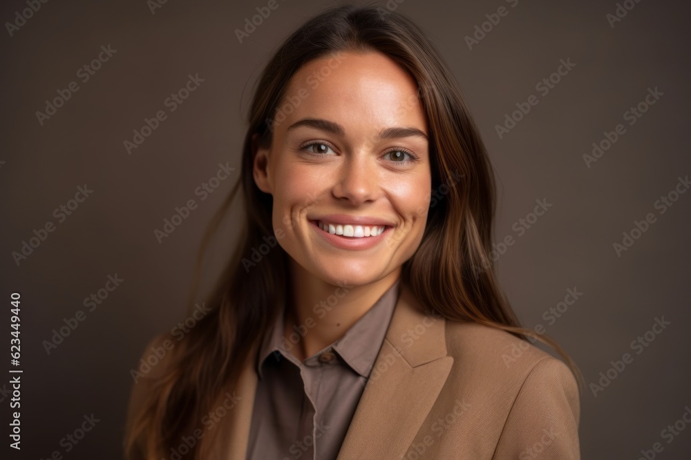 Fototapeta premium Close-up portrait photography of a grinning girl in her 30s wearing a sleek suit against a warm taupe background. With generative AI technology