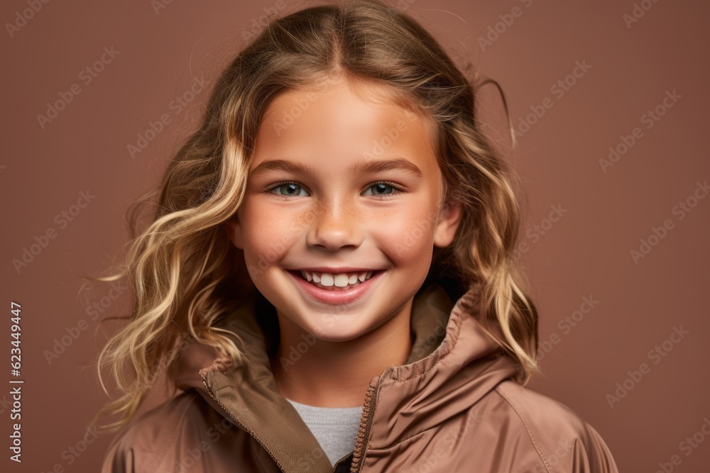 Headshot portrait photography of a satisfied kid female wearing a lightweight windbreaker against a warm taupe background. With generative AI technology Headshot portrait photography of a satisfied kid female wearing a lightweight windbreaker against a warm taupe background. With generative AI technology