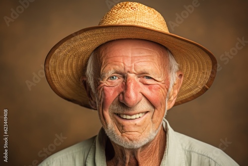 Environmental portrait photography of a happy old man wearing a stylish sun hat against a beige background. With generative AI technology