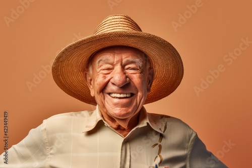 Environmental portrait photography of a happy old man wearing a stylish sun hat against a beige background. With generative AI technology