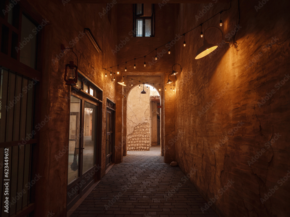 Fototapeta premium Al seef old historical district with traditional Arabic architecture. old buildings and traditional Arabian street.