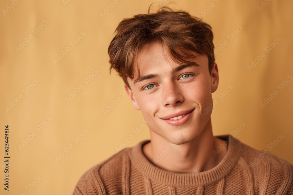 Close-up portrait photography of a glad boy in his 20s wearing a comfortable pair of jeggings against a warm taupe background. With generative AI technology Close-up portrait photography of a glad boy in his 20s wearing a comfortable pair of jeggings against a warm taupe background. With generative AI technology