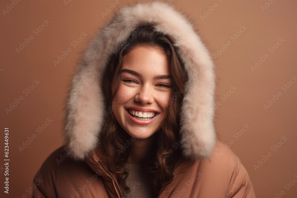 Medium shot portrait photography of a joyful girl in her 20s wearing a cozy winter coat against a warm taupe background. With generative AI technology Medium shot portrait photography of a joyful girl in her 20s wearing a cozy winter coat against a warm taupe background. With generative AI technology