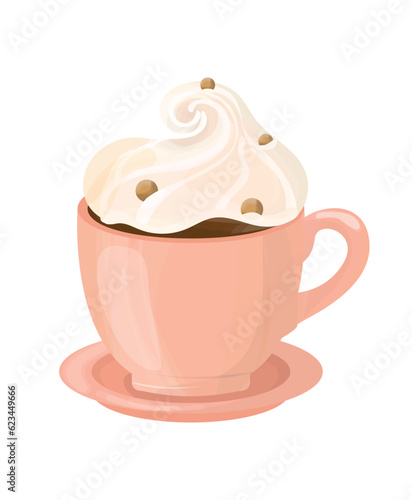 Hot winter drink in a pink mug. Chocolate dessert decorated with thick whipped cream and chocolate dragee.