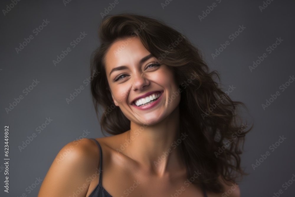 Close-up portrait photography of a grinning girl in her 30s wearing a daring tube top against a cool gray background. With generative AI technology Close-up portrait photography of a grinning girl in her 30s wearing a daring tube top against a cool gray background. With generative AI technology