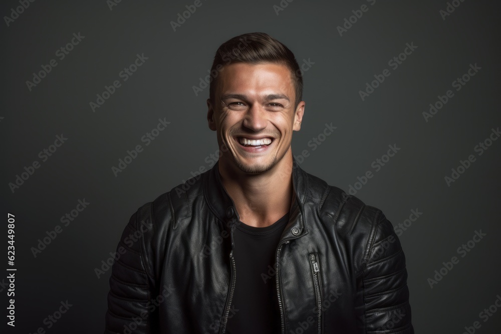 Medium shot portrait photography of a grinning boy in his 30s wearing a trendy leather jacket against a cool gray background. With generative AI technology