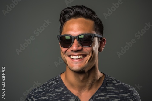 Headshot portrait photography of a glad boy in his 30s wearing a trendy sunglasses against a cool gray background. With generative AI technology © Markus Schröder