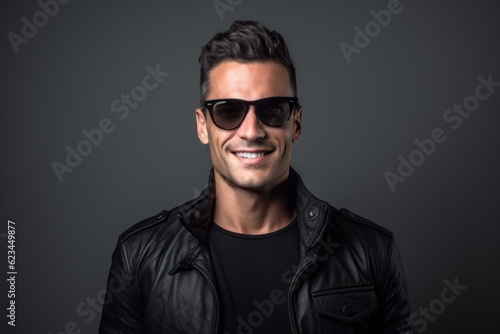 Headshot portrait photography of a glad boy in his 30s wearing a trendy sunglasses against a cool gray background. With generative AI technology