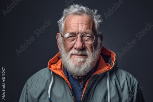 Photography in the style of pensive portraiture of a happy old man wearing a lightweight windbreaker against a cool gray background. With generative AI technology