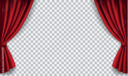 Vector realistic red velvet open curtains isolated on transparent background