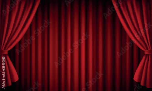 Vector realistic theatre stage with open red velvet curtains