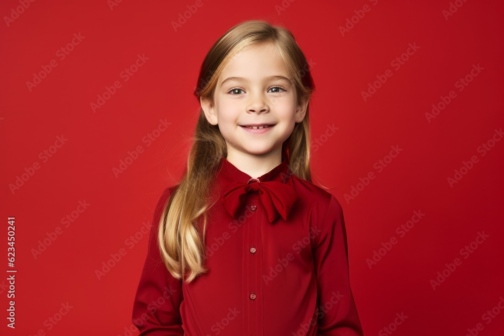 Conceptual portrait photography of a happy kid female wearing a sophisticated blouse against a ruby red background. With generative AI technology Conceptual portrait photography of a happy kid female wearing a sophisticated blouse against a ruby red background. With generative AI technology