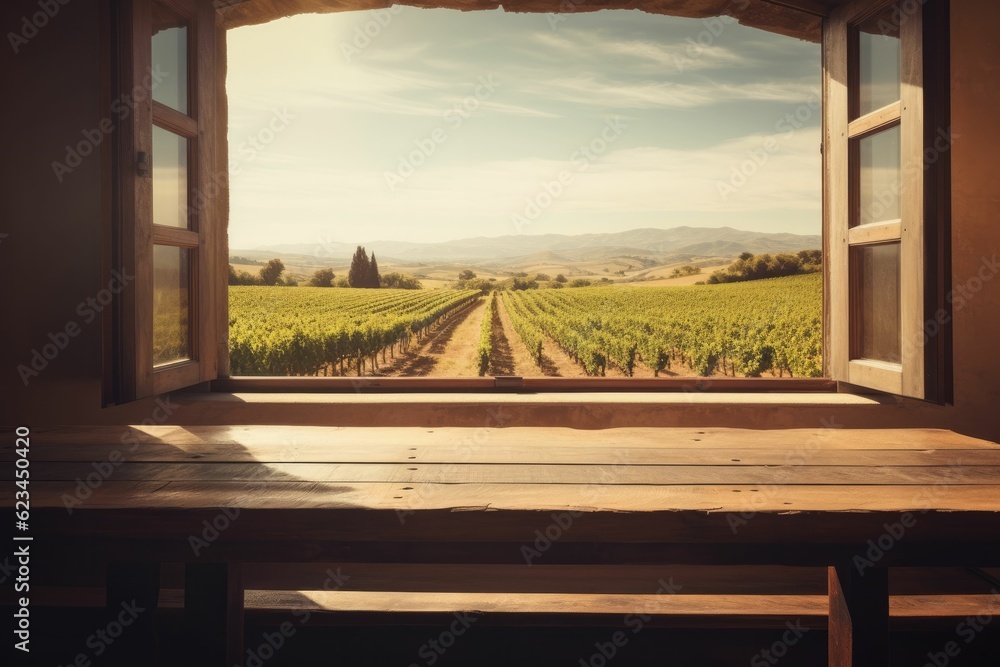 Fototapeta premium Empty wooden table, farm, harvest view out of open window