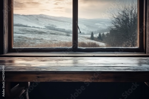 Empty wooden table, farm, harvest view out of open window © Daunhijauxx